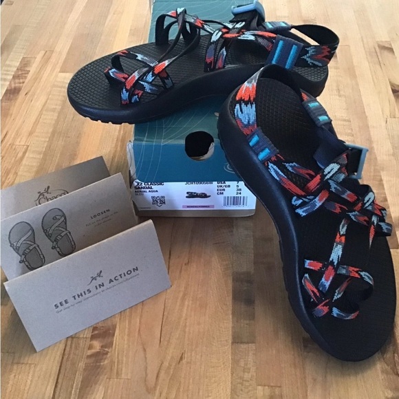 Chaco ZX2 Classic Sandal Black /Ikat Pattern Aerial Aqua US Women’s Size 7W NIB